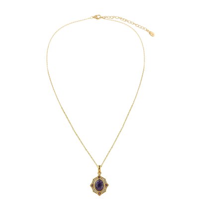 Charoite & Amethyst And White Zircon 18K Yellow Gold Over Sterling Silver Pendant 18+2 Inches