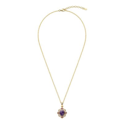 Oval Charoite Amethyst 18K Gold Plated 925 Silver Vintage Pendant Necklace