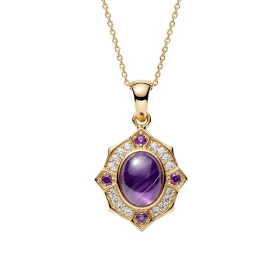 Charoite & Amethyst And White Zircon 18K Yellow Gold Over Sterling Silver Pendant 18+2 Inches
