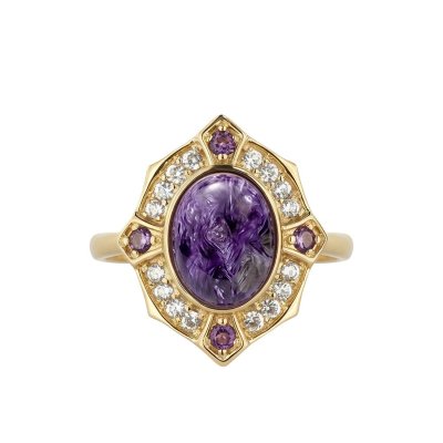 Oval Charoite Amethyst 18K Gold Plated 925 Silver Vintage Ring