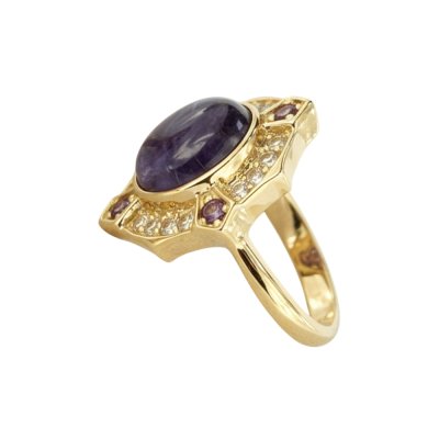 Charoite & Amethyst And White Zircon 18K Yellow Gold Over Sterling Silver Ring