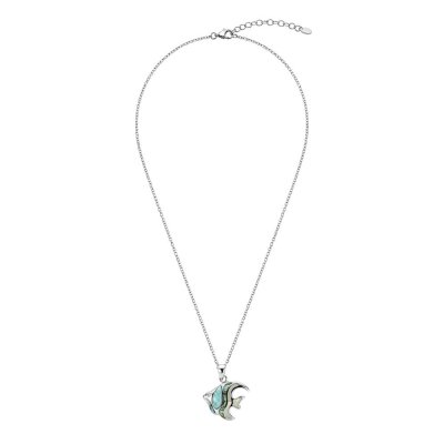 Larimar& Abalone And White Zircon Sterling Silver Fish Pendant 18+2 Inches