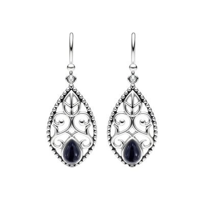 Pear Black Onyx 925 Sterling Silver Vintage Filigree Dangle Earrings