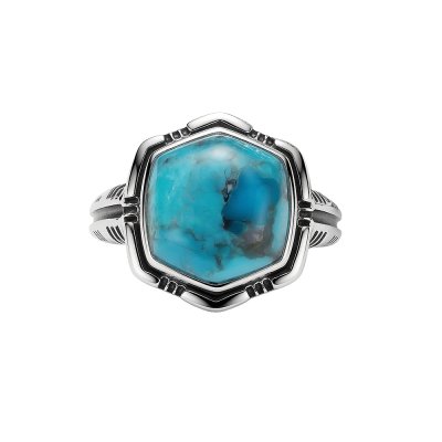 Hexagonal Turquoise 925 Sterling Silver Vintage Tribal Ring