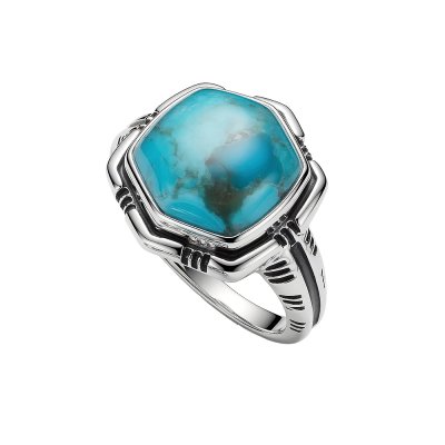 Hexagonal Turquoise 925 Sterling Silver Vintage Tribal Ring