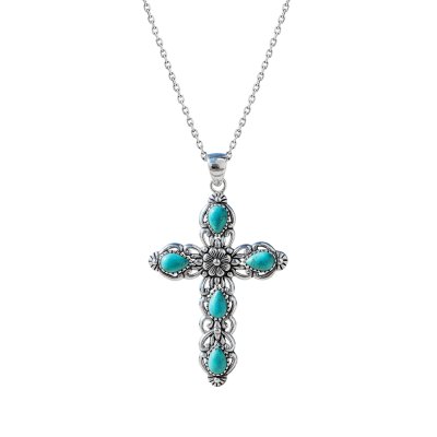 Turquoise Sterling Silver Cross Pendant 18+2 Inches