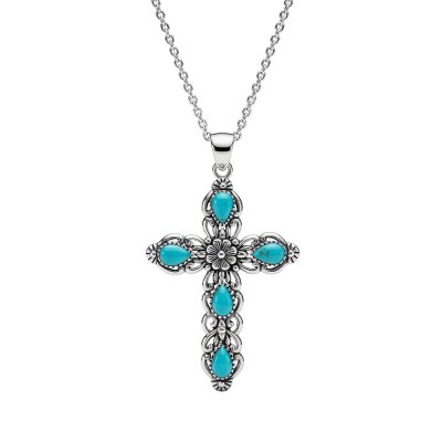 Turquoise Sterling Silver Cross Pendant 18+2 Inches