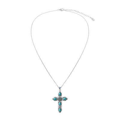 Turquoise Sterling Silver Cross Pendant 18+2 Inches
