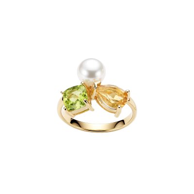 White Cultured Fresh Water Pearl & Peridot And Citrine 18K Yellow Gold Over Sterling Silver Ring