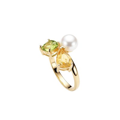 White Cultured Fresh Water Pearl & Peridot And Citrine 18K Yellow Gold Over Sterling Silver Ring