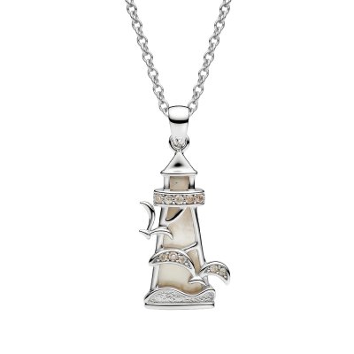 Lighthouse Mother of Pearl Sterling & White Zircon Silver Pendant With Chain 18+2 Inches