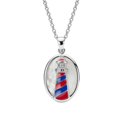 Lighthouse Mother of Pearl Sterling & Enamel Silver Pendant With Chain 18+2 Inches