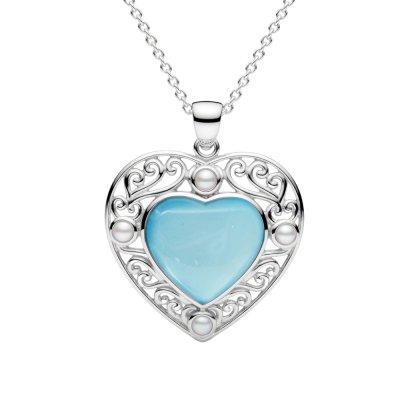 Dyed Blue MOP&Pearl Sterling Silver Heart Pendant With Chain 18+2 Inches