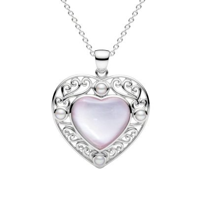 Dyed Pink MOP&Pearl Sterling Silver Heart Pendant With Chain 18+2 Inches