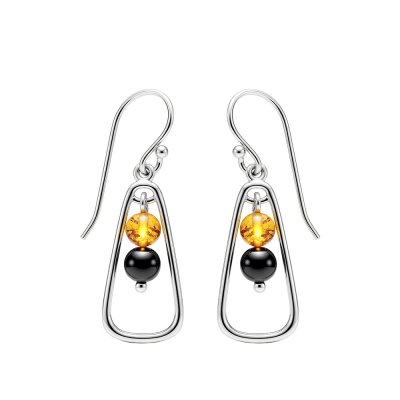 Amber & Black Onyx Sterling Silver Earrings