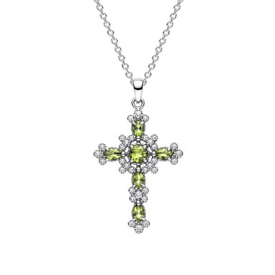 Cross Peridot & White Zircon Sterling Silver Pendant With Chain 18+2 Inches