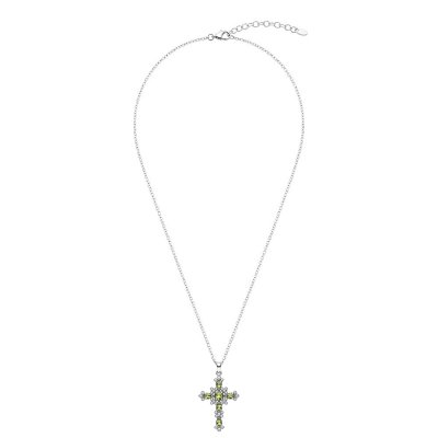 Cross Peridot & White Zircon Sterling Silver Pendant With Chain 18+2 Inches