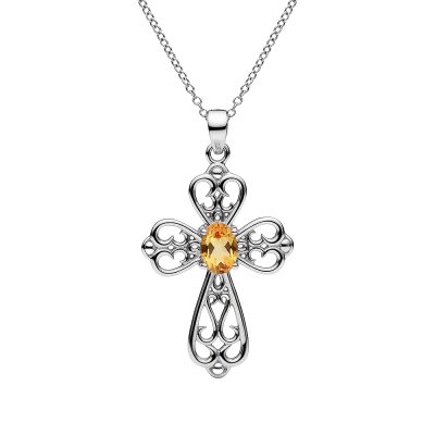 Cross Citrine Sterling Silver Pendant With Chain 18+2 Inches