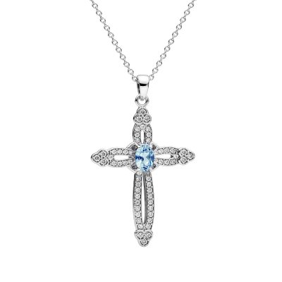 Cross Sky Blue Topaz & White Zircon Sterling Silver Pendant With Chain 18+2 Inches