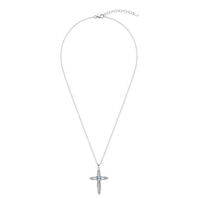 Cross Sky Blue Topaz & White Zircon Sterling Silver Pendant With Chain 18+2 Inches