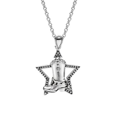 Western Sterling Silver Cowgirl Boot Star Pendant With Chain 18+2 Inches