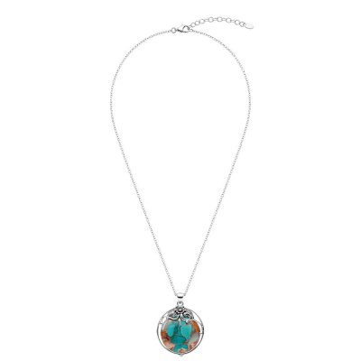 Southwestern Blended Turquoise With Orange Spiny Oyster Shell Sterling Silver Floral Pendant With Chain 18+2 Inches