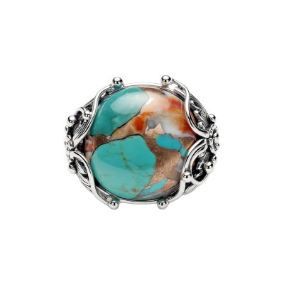 Southwestern Blended Turquoise With Spiny Oyster Shell Sterling Silver Floral Ring