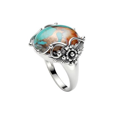 Southwestern Blended Turquoise With Spiny Oyster Shell Sterling Silver Floral Ring