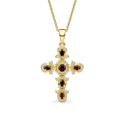 Garnet & White Zircon 18K Yellow Gold Over Cross Pendant Necklace 18+2 Inches