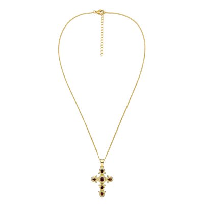 Garnet & White Zircon 18K Yellow Gold Over Cross Pendant Necklace 18+2 Inches