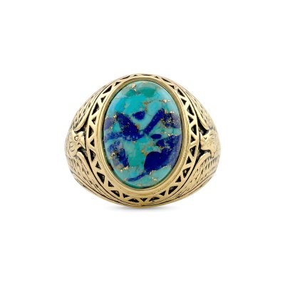 Blended Turquoise & Lapis Eagle 18K Yellow Gold Over Men's Ring