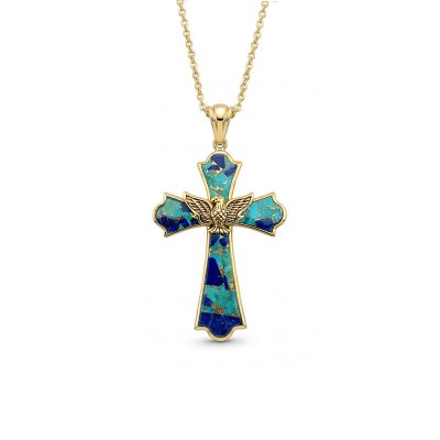 Blended Turquoise & Lapis 18K Yellow Gold Over Eagle Cross Pendant Necklace 20+2 Inches