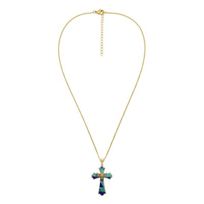 Blended Turquoise & Lapis 18K Yellow Gold Over Eagle Cross Pendant Necklace 20+2 Inches