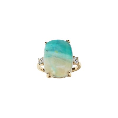 Blue Petrified Wood Opal & White Zircon 18K Yellow Gold  Sterling Silver Cocktail Ring