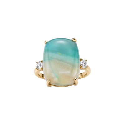 Blue Petrified Wood Opal & White Zircon 18K Yellow Gold Sterling Silver Cocktail Ring