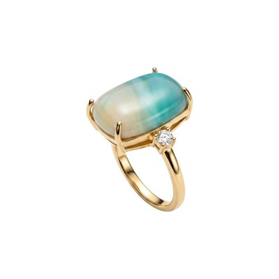Blue Petrified Wood Opal & White Zircon 18K Yellow Gold Sterling Silver Cocktail Ring