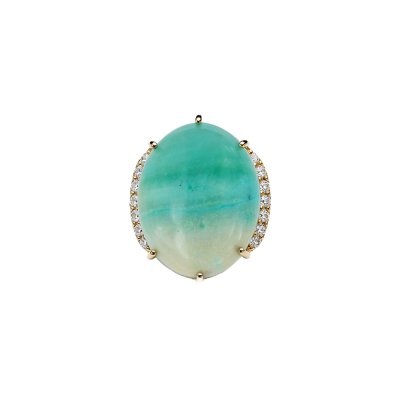 Blue Petrified Wood Opal & White Zircon 18K Yellow Gold Sterling Silver Cocktail Ring