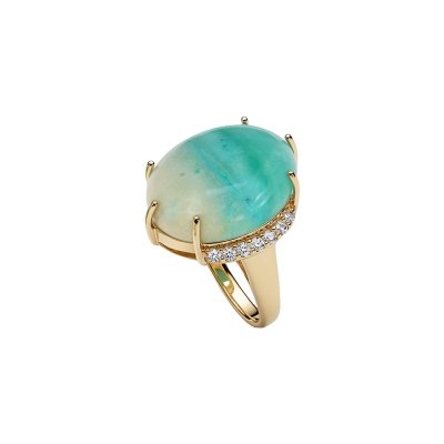 Blue Petrified Wood Opal & White Zircon 18K Yellow Gold Sterling Silver Cocktail Ring