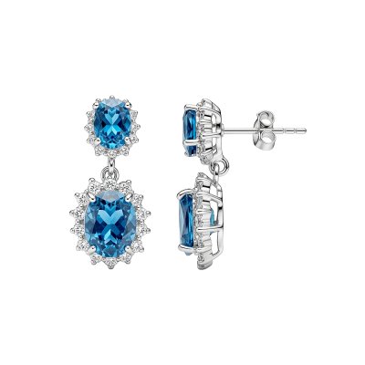 London Blue Topaz & White Zircon Sterling Silver Halo Drop Earrings