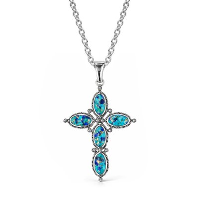 Blended Turquoise & Lapis Sterling Silver Cross Pendant Necklace