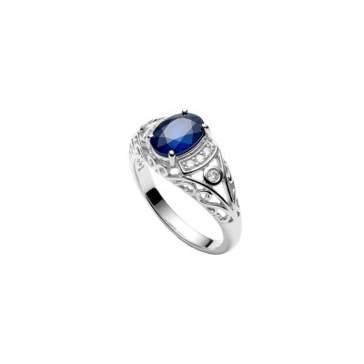 Blue Sapphire & White Zircon Sterling Silver Ring