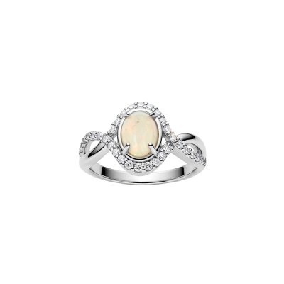 Ethiopian Opal & White Zircon Sterling Silver Halo Ring