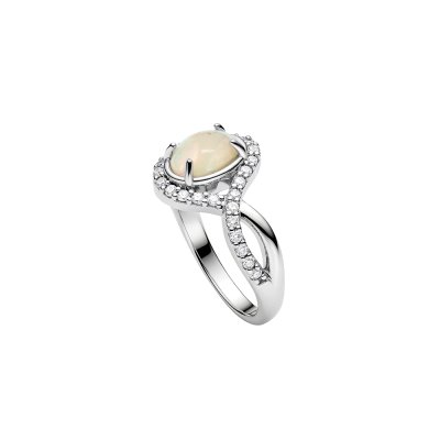 Ethiopian Opal & White Zircon Sterling Silver Halo Ring