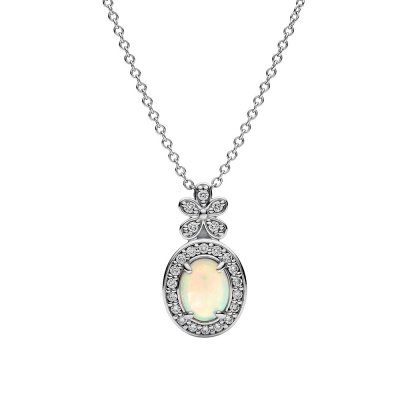 Ethiopian Opal & White Zircon Sterling Silver Halo Pendant Necklace