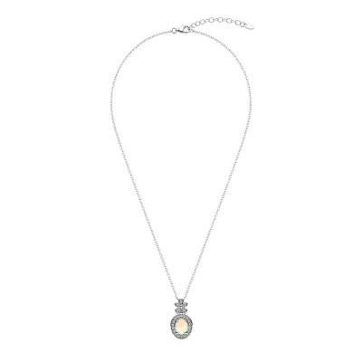 Ethiopian Opal & White Zircon Sterling Silver Halo Pendant Necklace