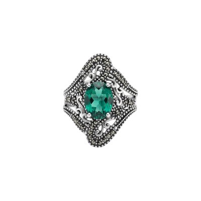 Triplet Green Emerald Quartz & Marcasite Sterling Silver Ring