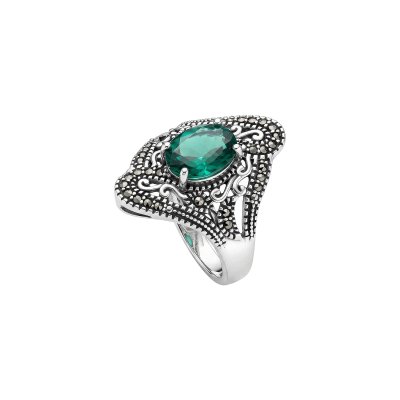 Triplet Green Emerald Quartz & Marcasite Sterling Silver Ring