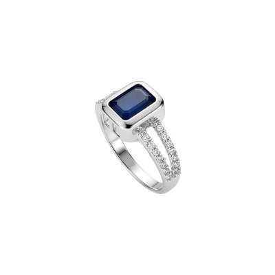Blue Sapphire & White Zircon Sterling Silver Ring