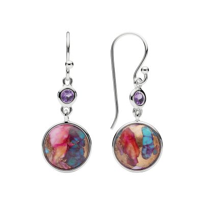 Blended Turquoise and Orange Spiny Oyster & Amethyst Sterling Silver Earrings