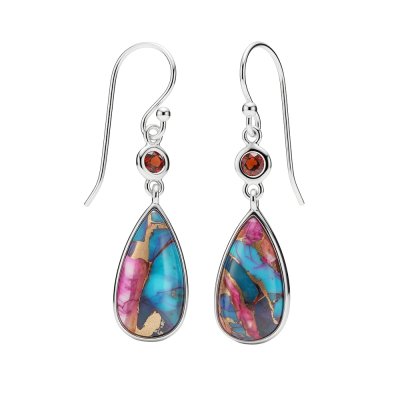 Blended Turquoise and Orange Spiny Oyster & Garnet Sterling Silver Earrings